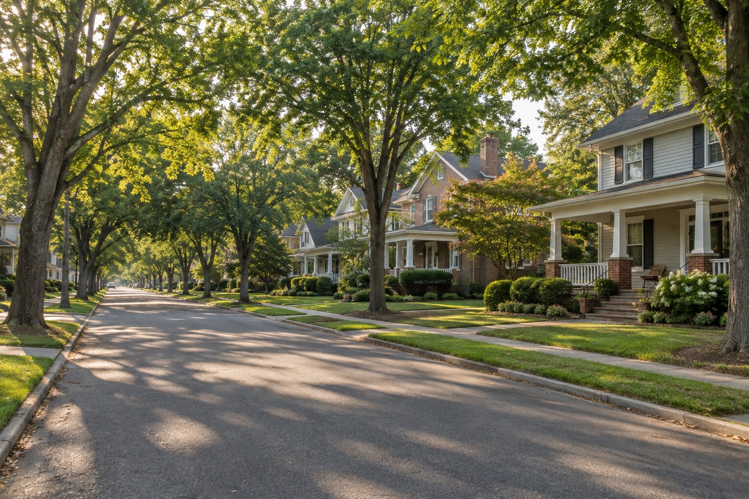 A tree lined residential street in Alamance County, North Carolina, illustrative