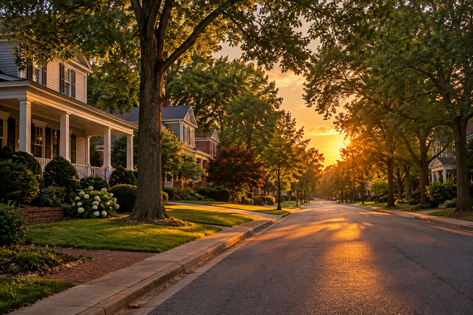 A Piedmont North Carolina residential street at sunset, illustrative