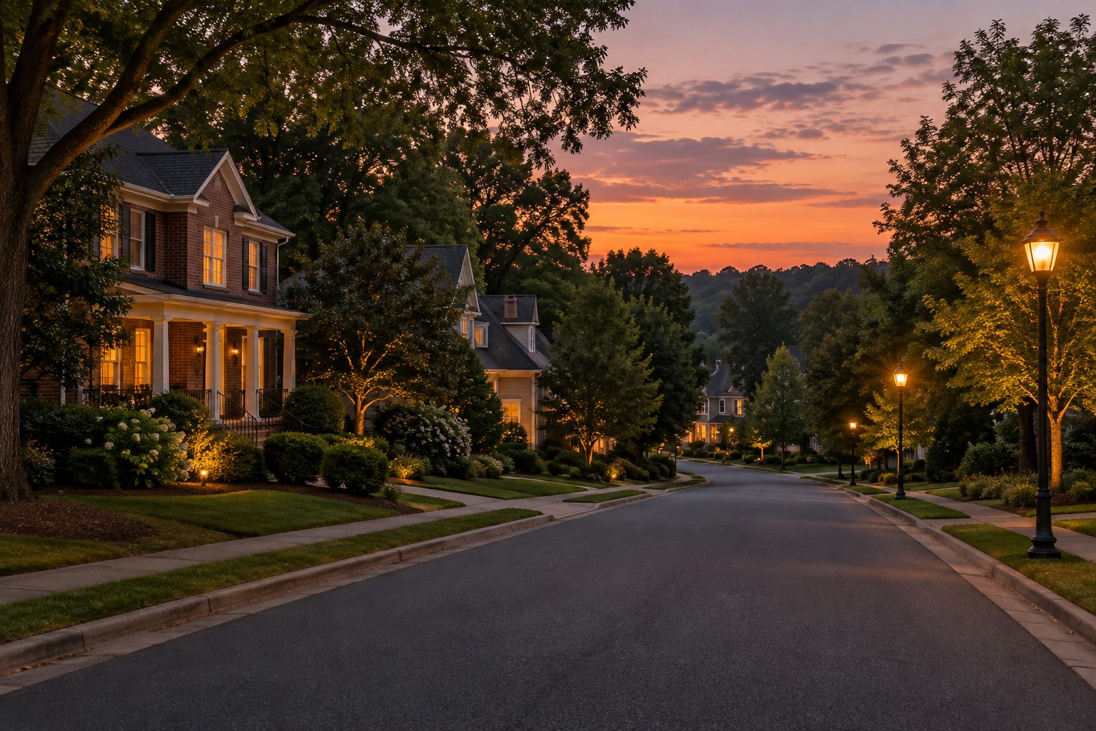 A Piedmont North Carolina neighborhood street at dusk, illustrative