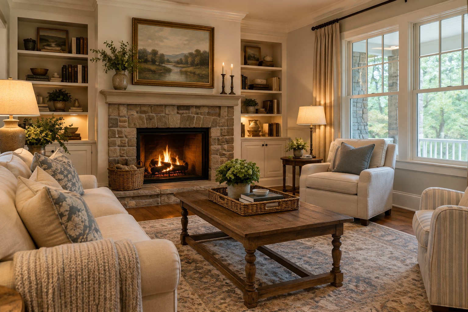 A cozy Piedmont North Carolina living room, illustrative
